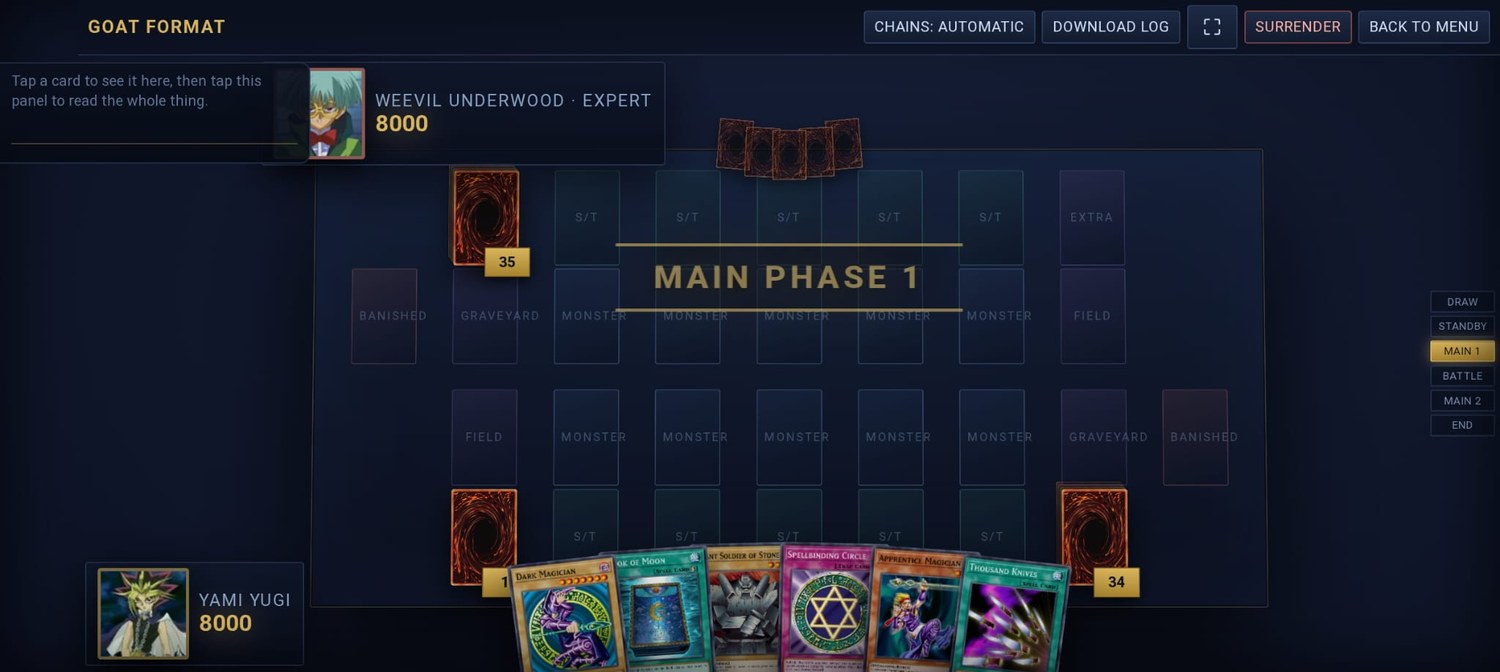A GOAT Format duel: board, phase strip and card detail panel