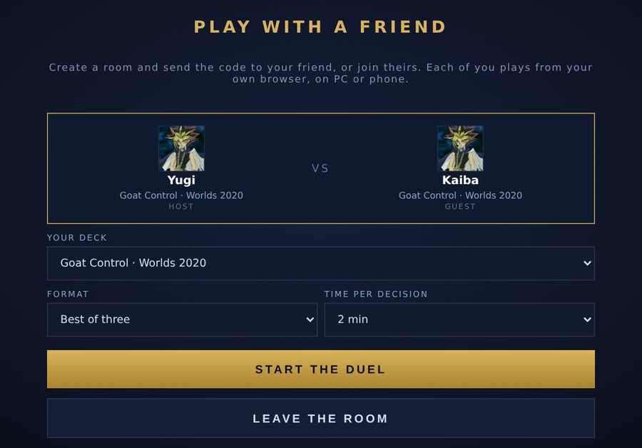 A room with two players, deck choice, Bo3 format and time per decision