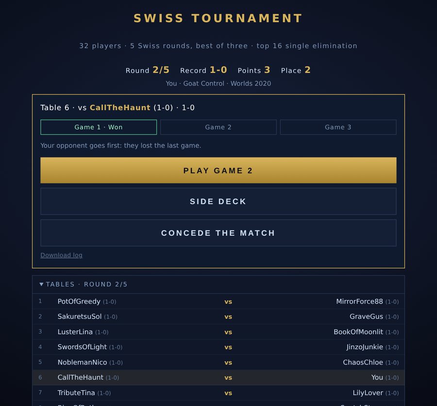 The Swiss tournament: your table, the round's pairings and the side deck button